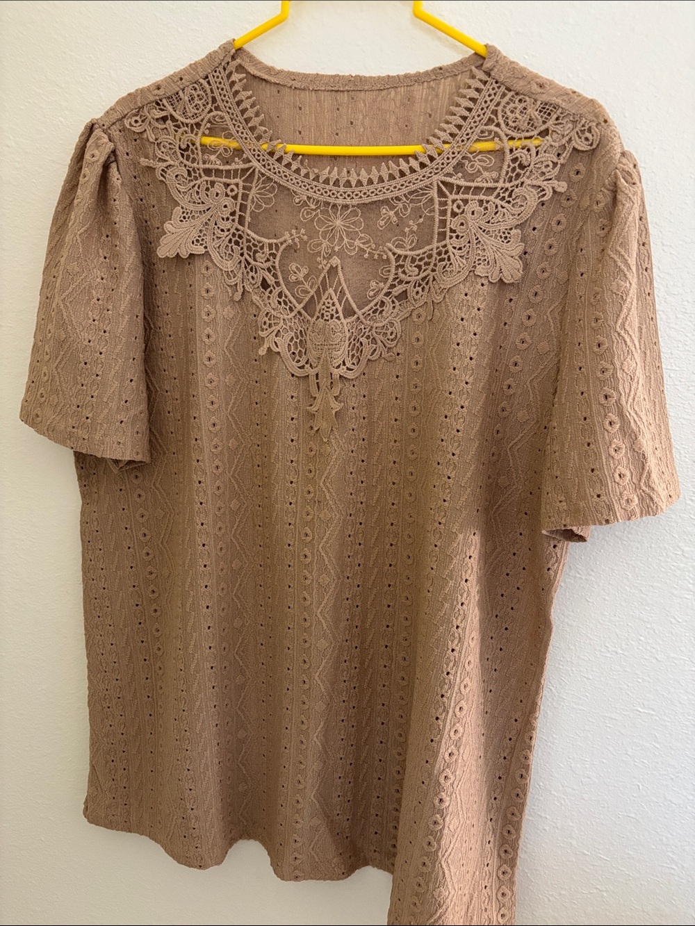 Lace-Yoke Eyelet Blouse - Taupe